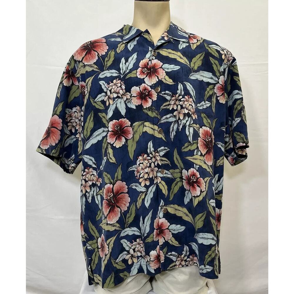 Tommy Bahama Navy Floral Silk Camp Shirt Size XL Original Fit Hawaiian Print FS